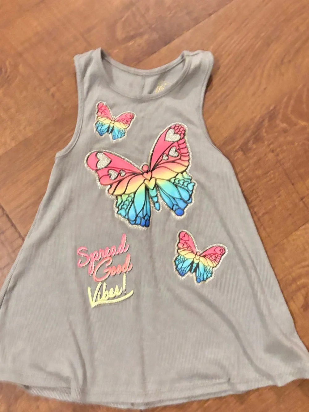 Justice Gray Tank Top with Rainbow Butterfly Appliqués